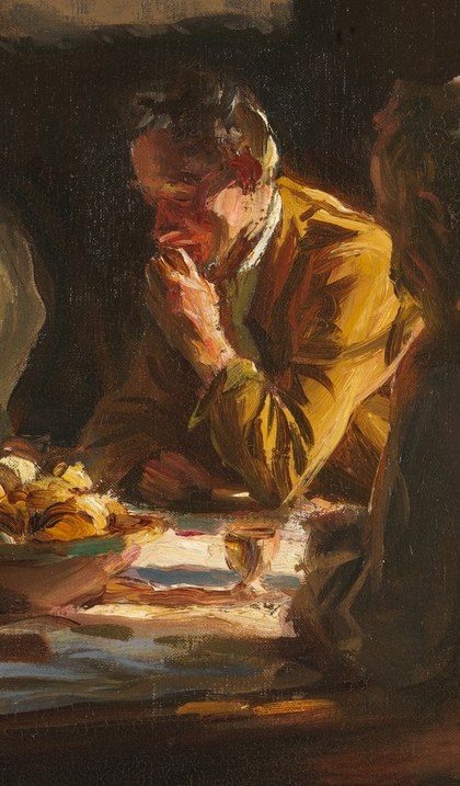 His gesture is introspective, hinting at thought or perhaps a moment of digestion.
