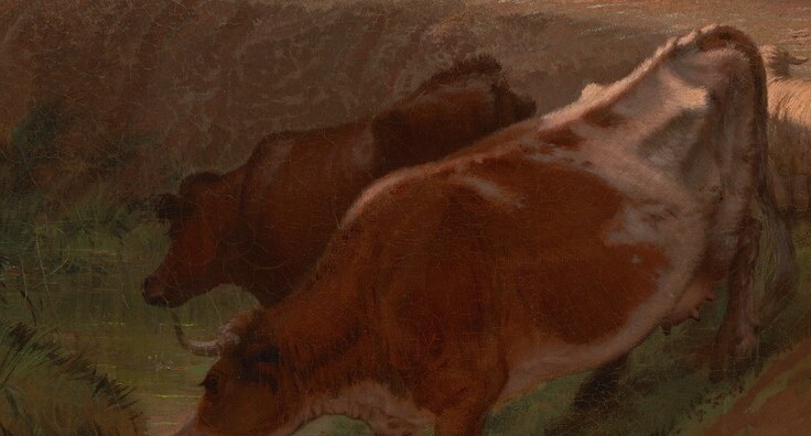 It captures a quiet evening halt by a stream.