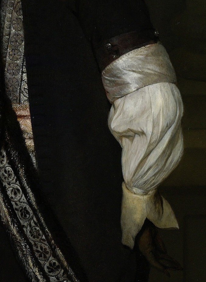 The voluminous, crisp white sleeve, rendered with subtle folds and highlights, demonstrates the artist's mastery of fabric.