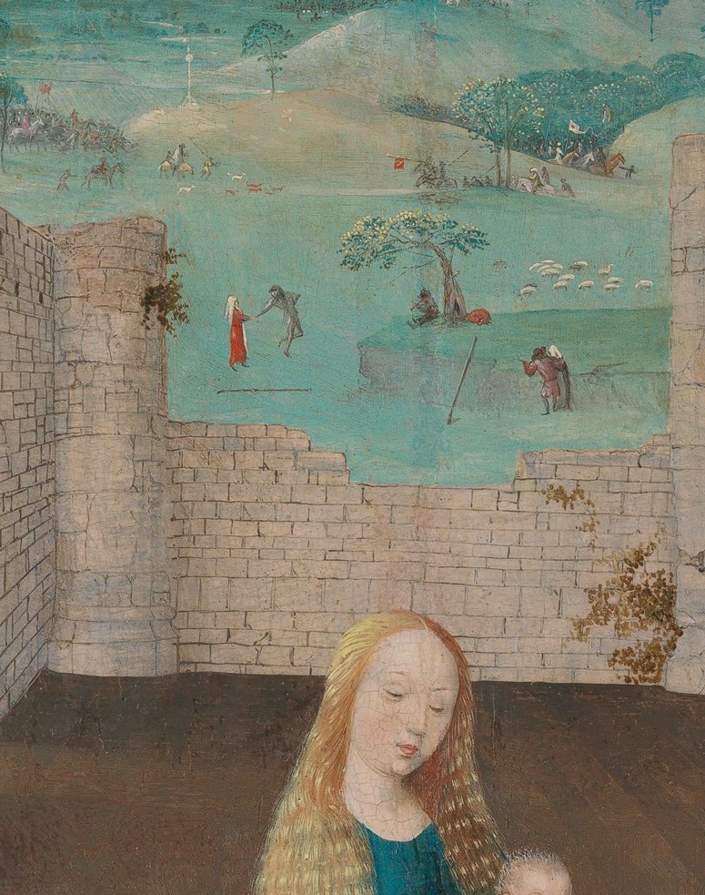 Depicted nude and blessing or gesturing outward , the theological heart of the scene; the pale, vulnerable flesh against Mary's blue robe creates the painting's strongest color contrast.