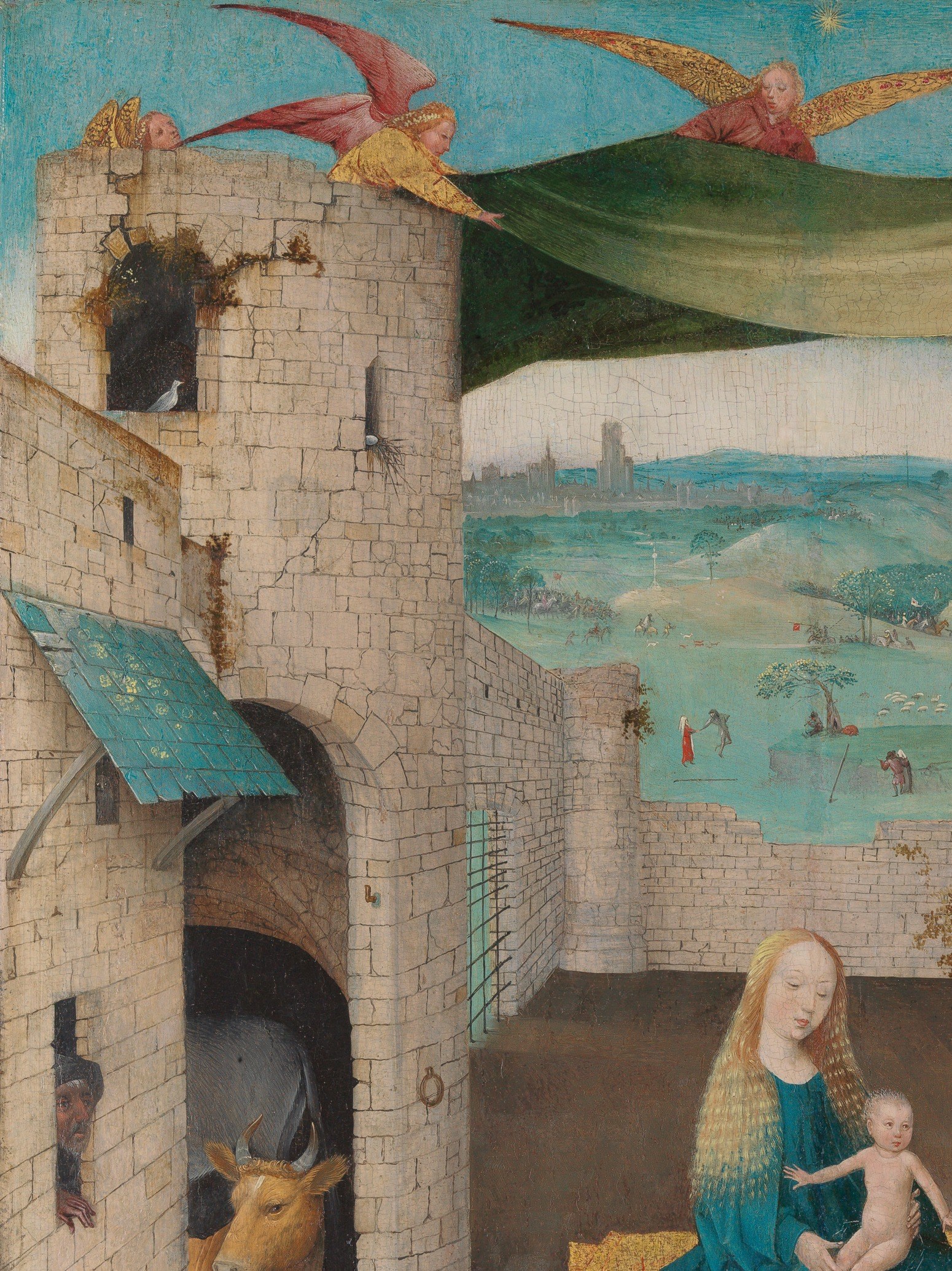 The deliberately decrepit structure signals the Old Testament order giving way to the New , a doctrinal statement embedded in architecture; the strong recession creates the painting's noted perspective effect.