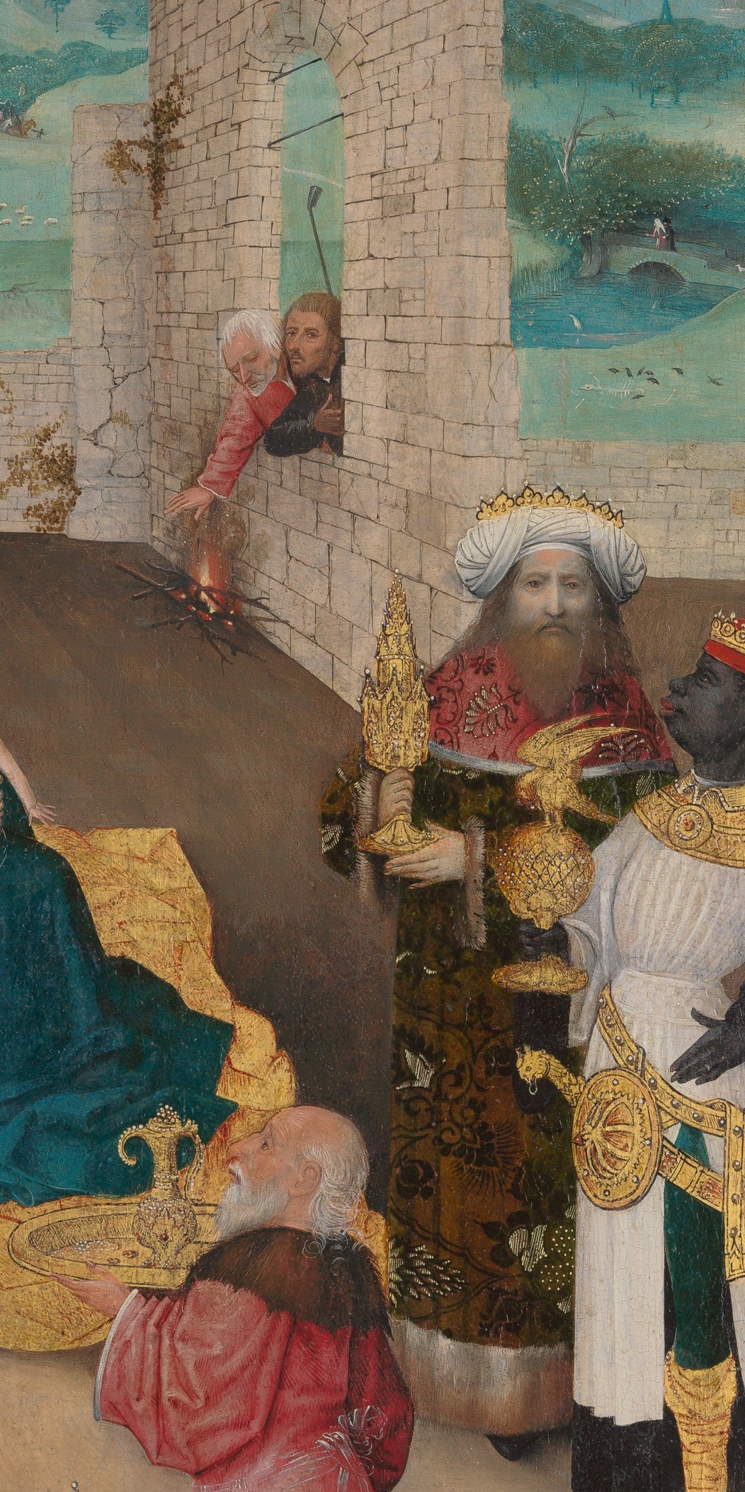 Their layered brocade garments and crowns demonstrate Bosch's early skill with costly pigments and gold leaf; one holds an elaborate reliquary-style container, the other a tall staff.
