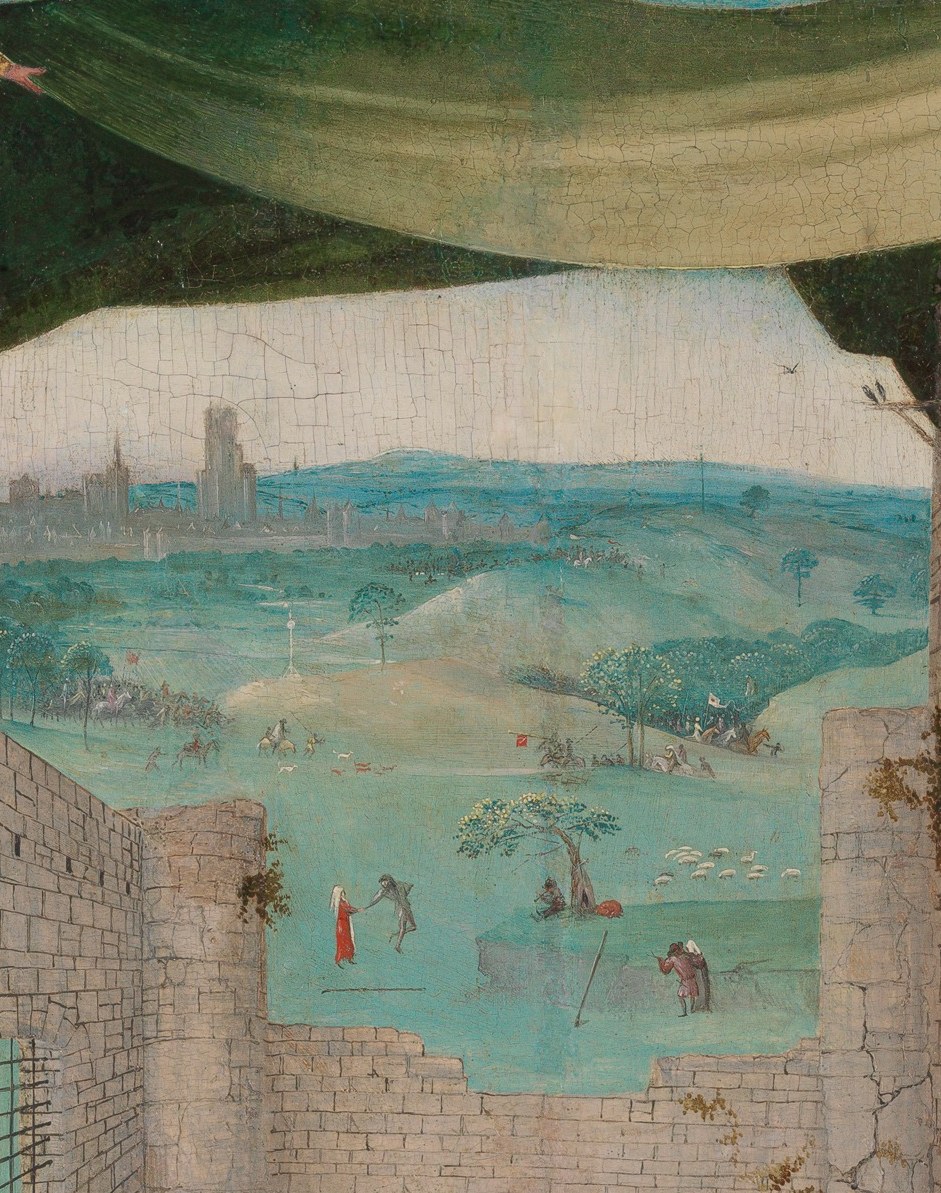 Central emotional anchor of the composition; her downward gaze and serene expression embody meditative maternal tenderness, typical of early Netherlandish devotional painting.