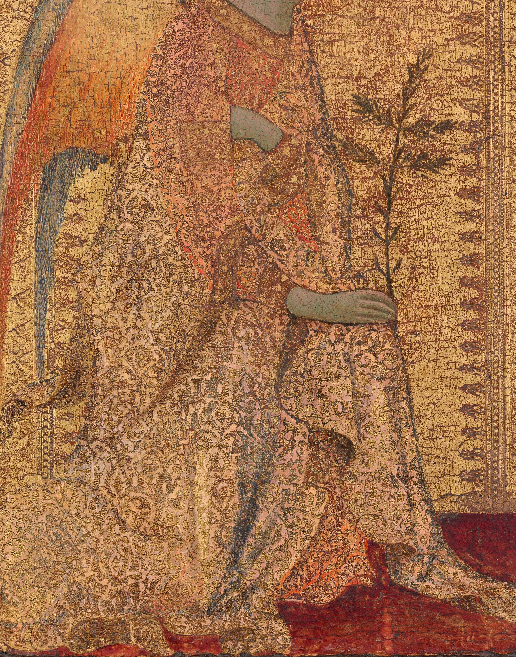 Look at the cloak. The brocade is carved, not brushed.