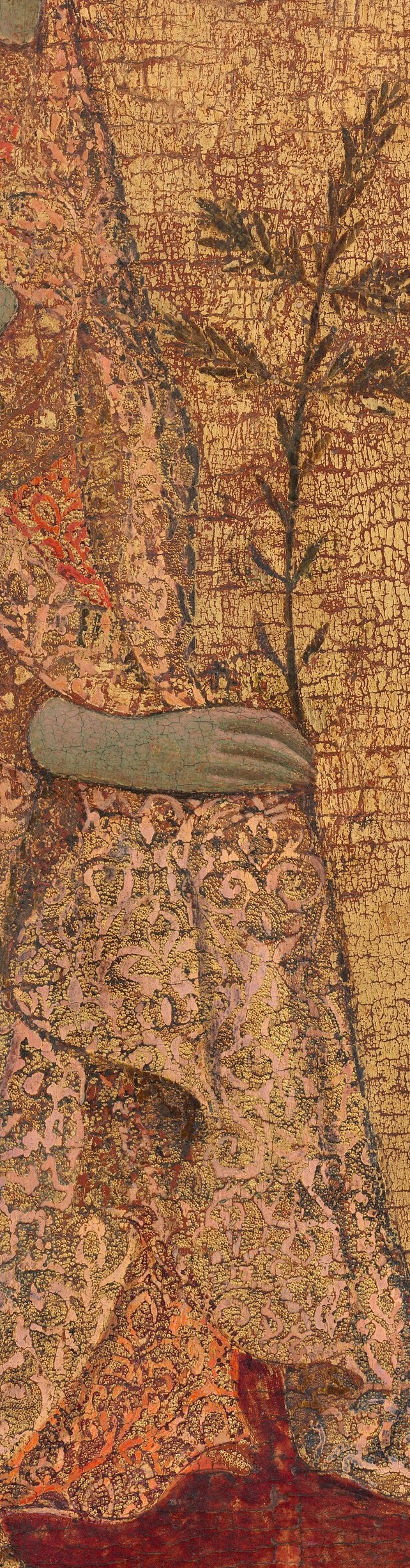 Slender branch with white blossoms , likely an olive branch (peace) or lily (purity) depending on reading; the primary iconographic symbol of the Annunciation message