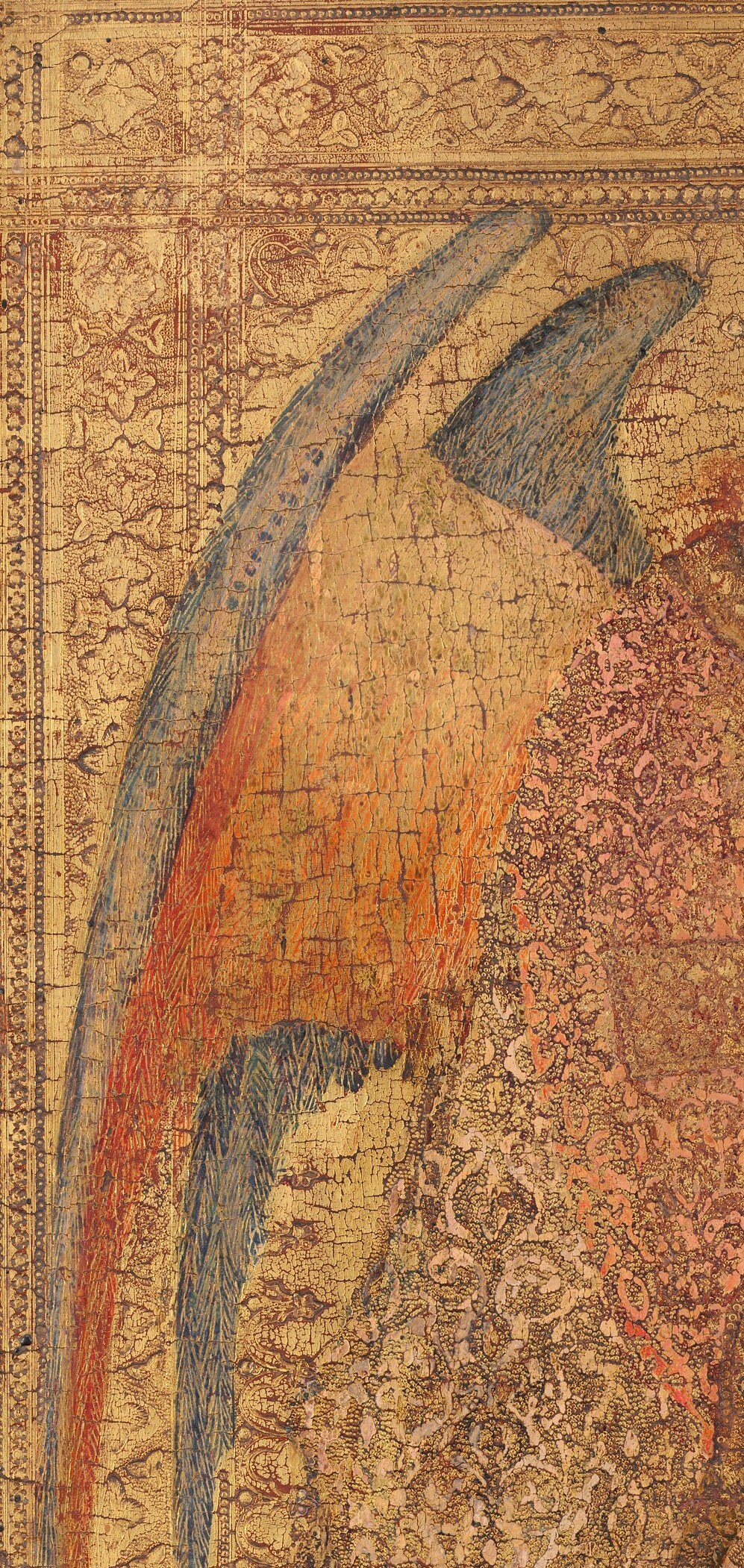 Brilliant orange-red and ochre primary feathers graduate to lighter tips; the layered feather rendering shows Martini's command of naturalistic detail within a gold-ground format
