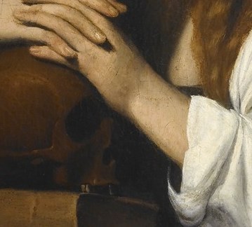 Her hands cradle the skull, a poignant symbol of mortality and the vanity of earthly life.