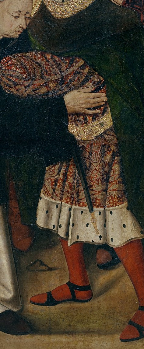 Dominic's simple habit contrasts with the court's rich attire.