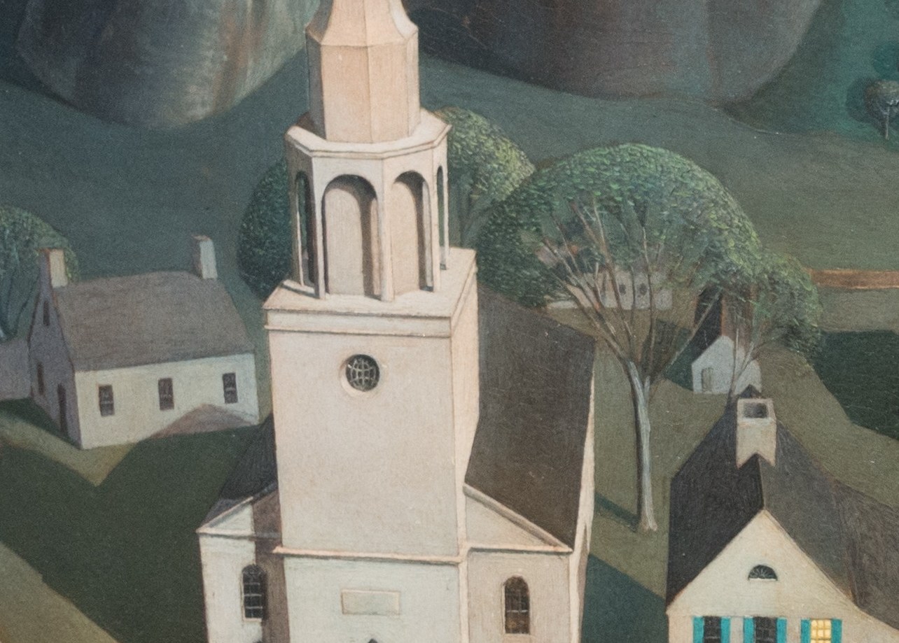 Wood's simplified, doll-house geometry turns a real building into an idealized icon , the church reads less as architecture and more as a stand-in for Puritan New England itself.