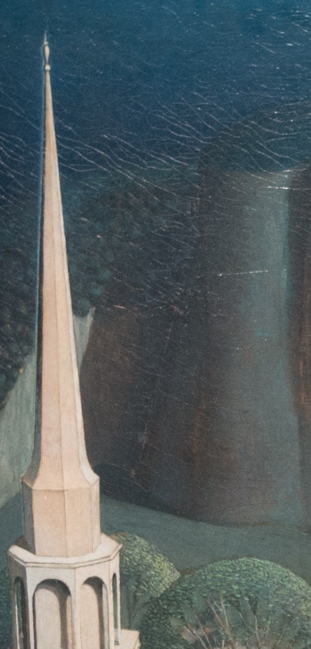 The vertical white spire is the compositional anchor and symbolic beacon , it catches moonlight while the town sleeps, making it the visual destination Revere is riding toward.