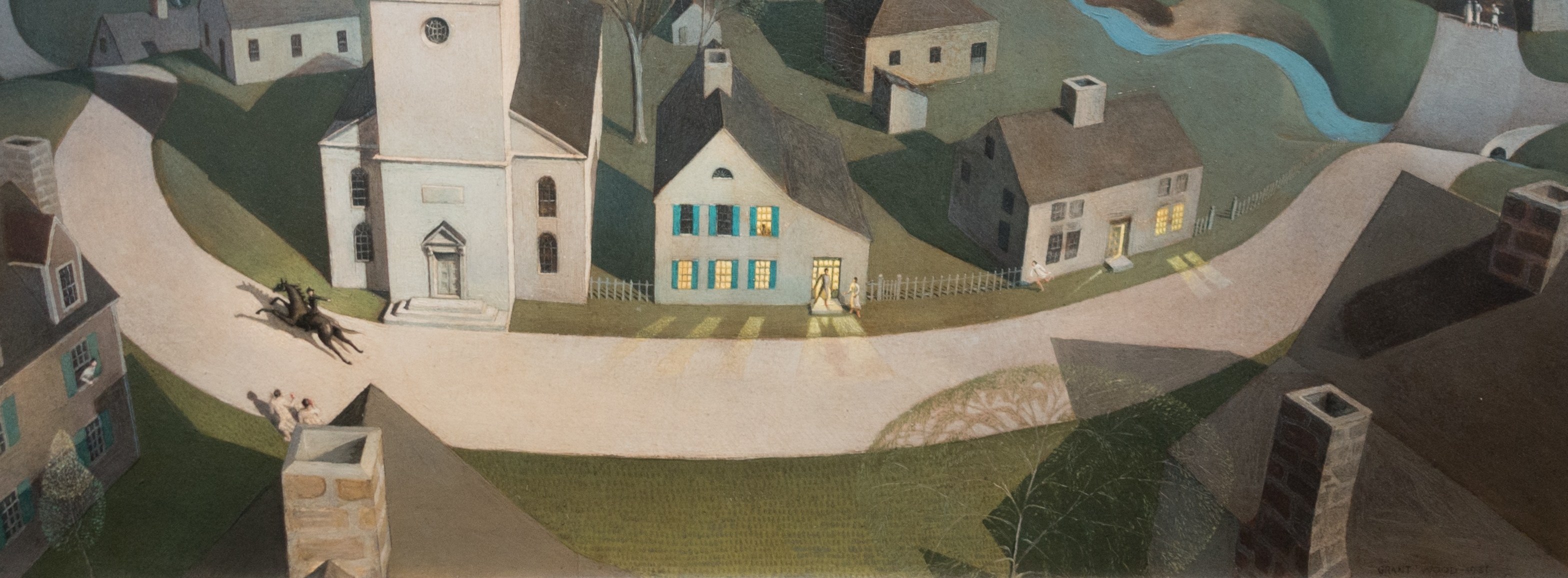 The S-curve road acts as a compositional spine that guides the eye through the painting and marks Revere's route , its brightness against dark ground echoes moonlight on a country lane.