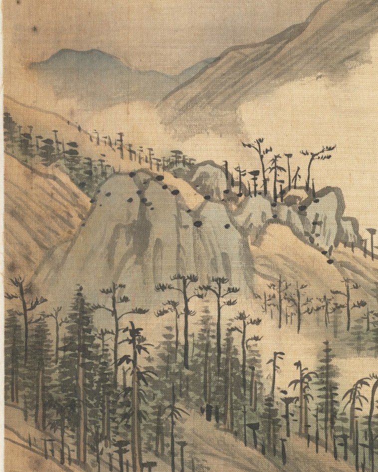 Dozens of individually dotted pines descend the steep slope in rhythmic waves, an exercise in patient, meditative mark-making that rewards close inspection.