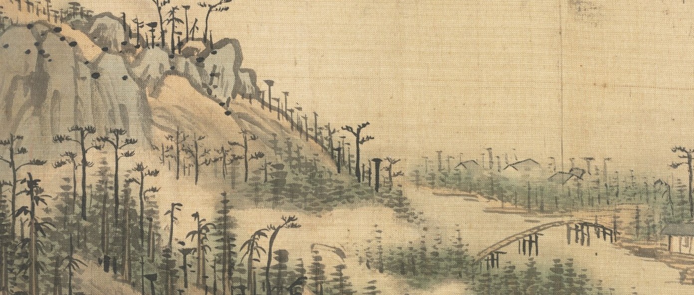Unpainted silk ground used as white mist, the classic Chinese technique of 'leaving blank'; the emptiness carries as much weight as the painted forms around it.