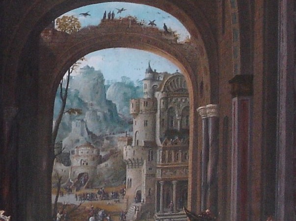 Through it: a distant city, whole and bright.