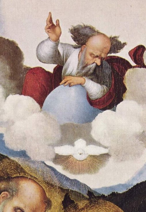 A stern figure in the clouds gestures down.