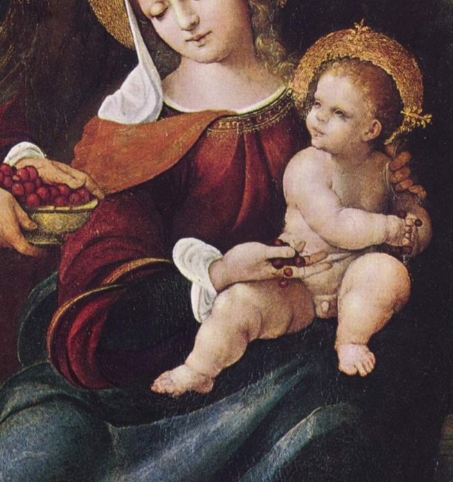 Her serene gaze and gentle embrace evoke maternal love and tenderness.