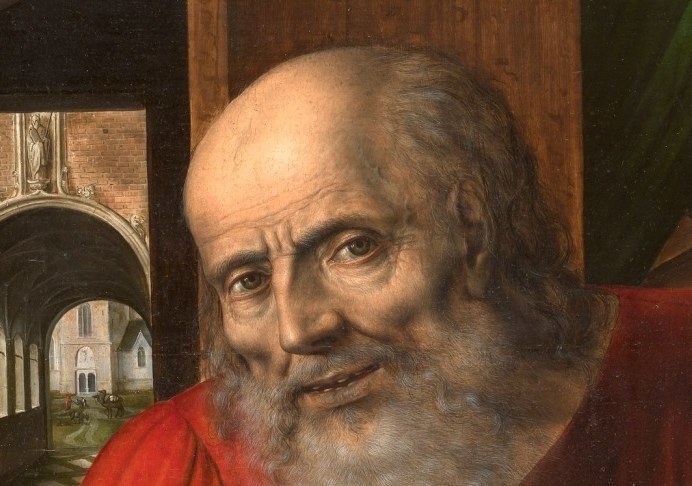 His face shows deep contemplation, reflecting on mortality and faith.