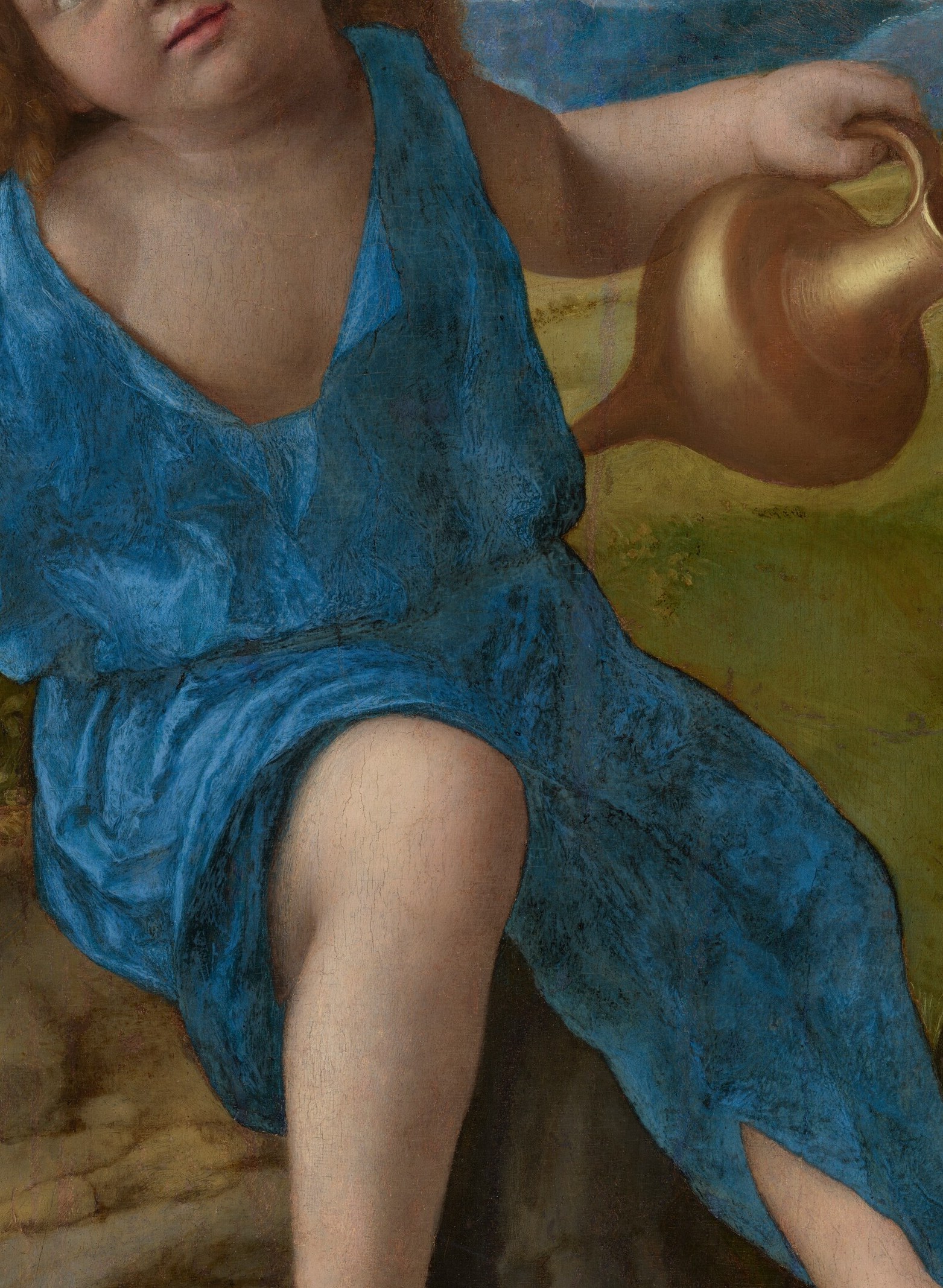 Bellini's ultramarine is extraordinarily saturated for 1505-10; the crisp folds show off his mastery of oil glazing technique, a prime trick-lane passage