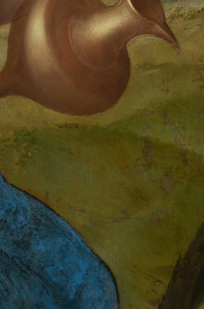 The wine vessel is the clearest iconographic symbol of Bacchus; its warm ochre glaze contrasts sharply with the blue garment and anchors the decoder reading of the image