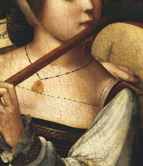 This central musician plays a transverse flute, a popular instrument then.
