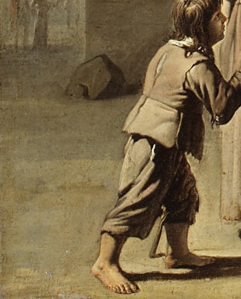 The low figure grounds the foreground; their diminutive scale against the grand arch emphasizes vulnerability and the literal smallness of the poor before monumental architecture