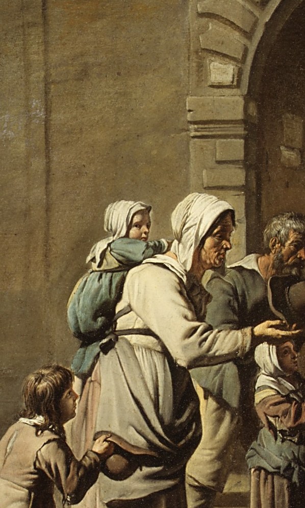 Her weathered face and direct engagement with the central figure make her the human anchor of the composition; she may be receiving alms or speaking on behalf of the group