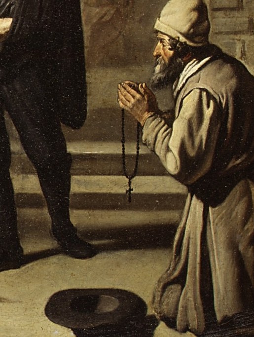 His posture of supplication is the scene's emotional fulcrum , hands pressed together, body lowered, he embodies destitution and pleading in a single gesture