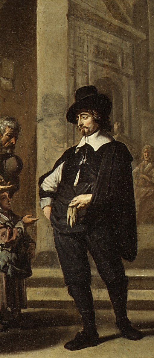 The central donor figure , his upright posture and fine dress create a stark social contrast with the beggars around him, inviting the viewer to read the scene as an act of charity or moral test