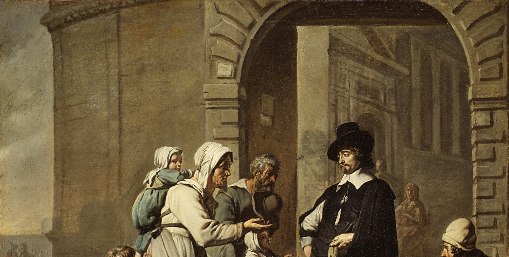 The imposing architecture , likely a church or civic building , frames and dwarfs the figures, making the social hierarchy legible in spatial terms: the powerful institution looming over the destitute