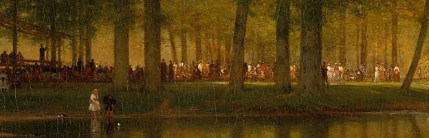 The gathering is small, and nearly swallowed by the trees.