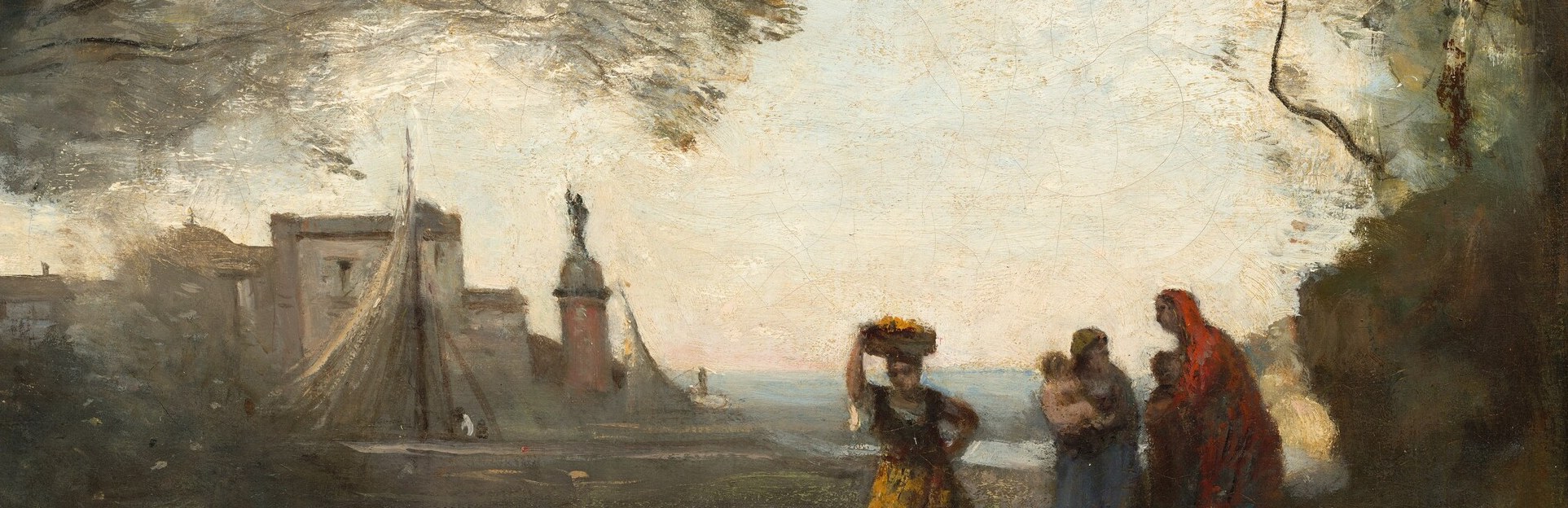 Notice the bright, calm water leading to distant buildings.