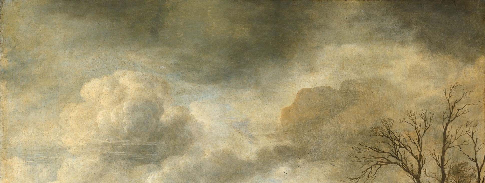 Van der Neer's signature sky, warm gold tears through cold grey cloud, creating the painting's emotional temperature before a single skater is noticed.