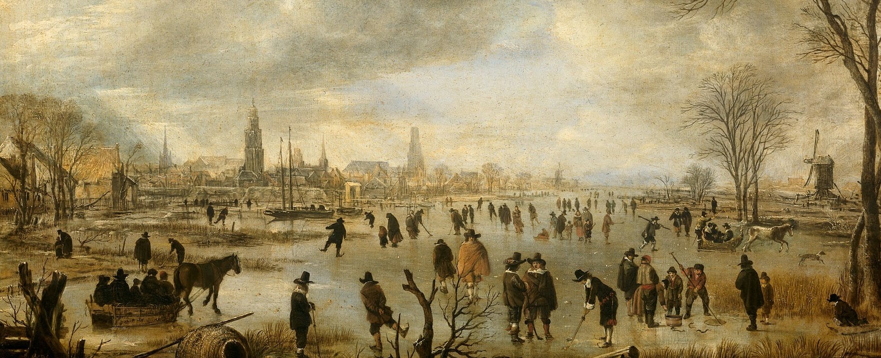 The ice surface is the painting's structural hero: flat, reflective, pale, van der Neer renders it as an almost white void that makes the dark figures legible.