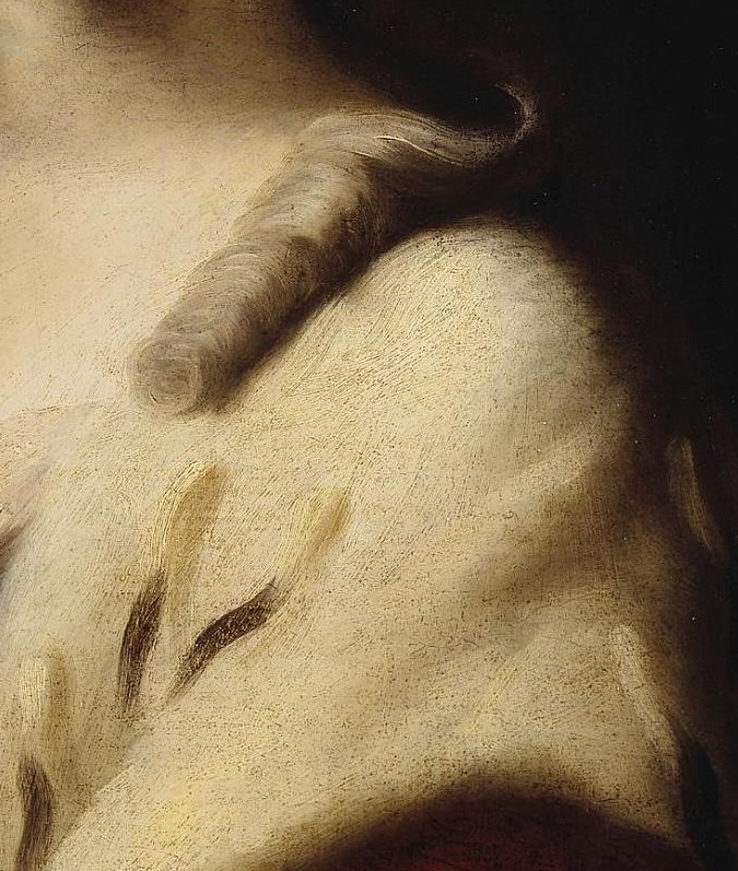 She wears pearls in her hair and an ermine-trimmed mantle.