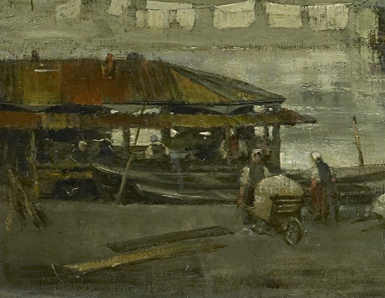 The awnings and figures suggest a bustling riverside market.