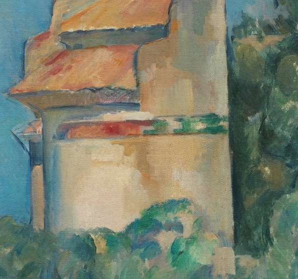 The central subject, its cylindrical form and tiled roof are rendered with distinct brushstrokes, showing Cézanne's interest in geometric structure.