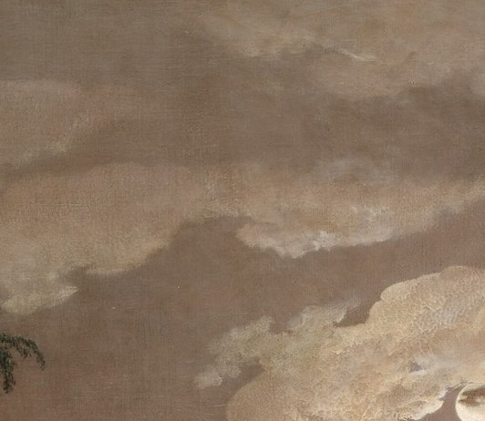The primary cold light source for the entire scene; its silver-white glow sets up Wright's signature two-temperature lighting drama against the warm tomb interior