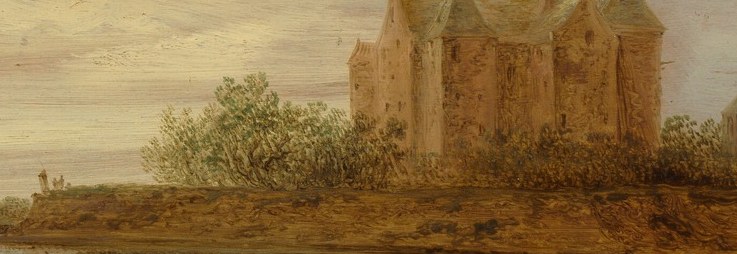 These trees provide a natural boundary and texture, contrasting with the man-made castle and boats.