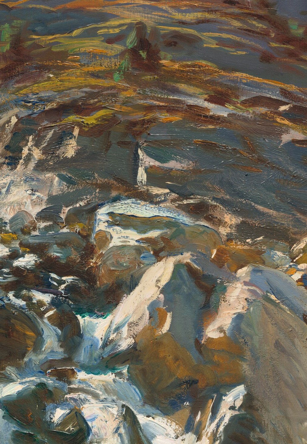The single most kinetic element , vertically slashing white paint against dark rock, rendered with almost frantic loaded-brush strokes that suggest sound as much as sight.