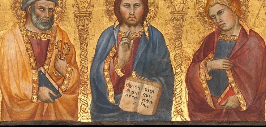 His golden robe blends into the divine gold background.