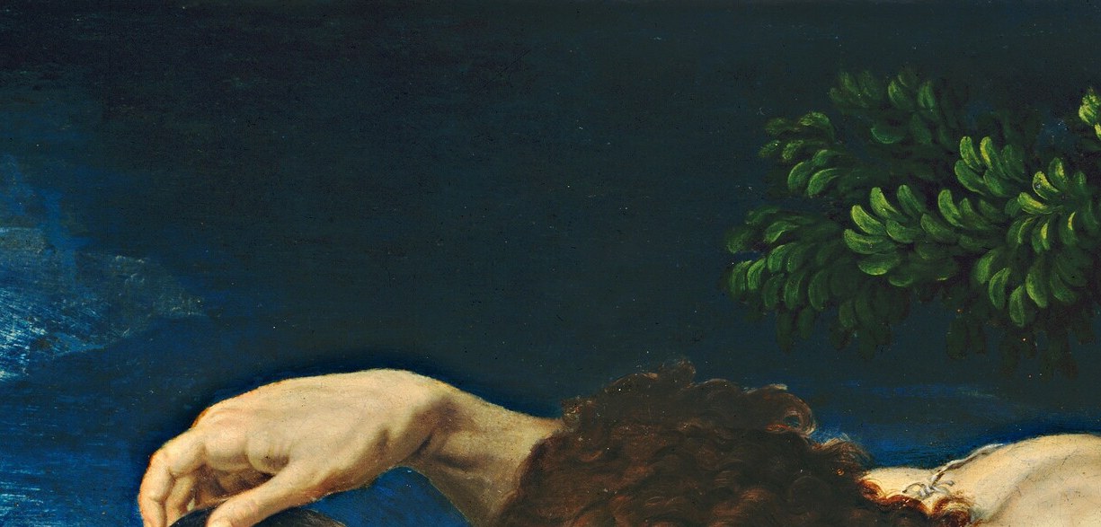 Above him, a dove breaks through the clouds.