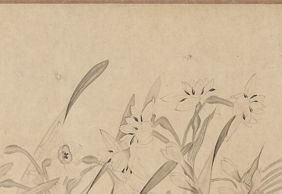 In Chinese ink painting the unpainted paper IS the atmosphere; this vast emptiness is a deliberate compositional decision , the nothing that gives the narcissus its weight and silence.