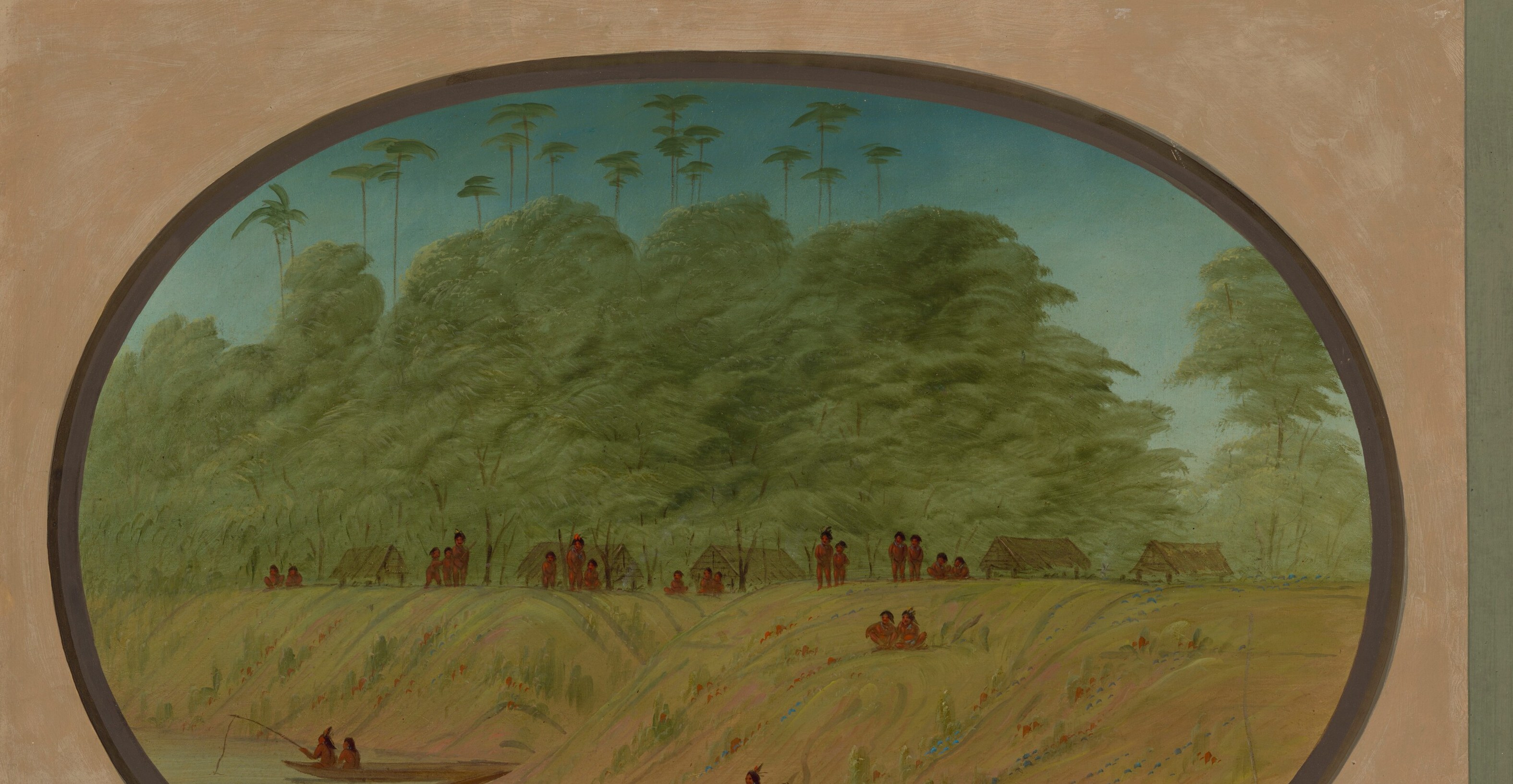 The overwhelming green mass dwarfs every human presence, positioning the village as a fragile intrusion in an indifferent wilderness , Catlin's implicit argument about scale