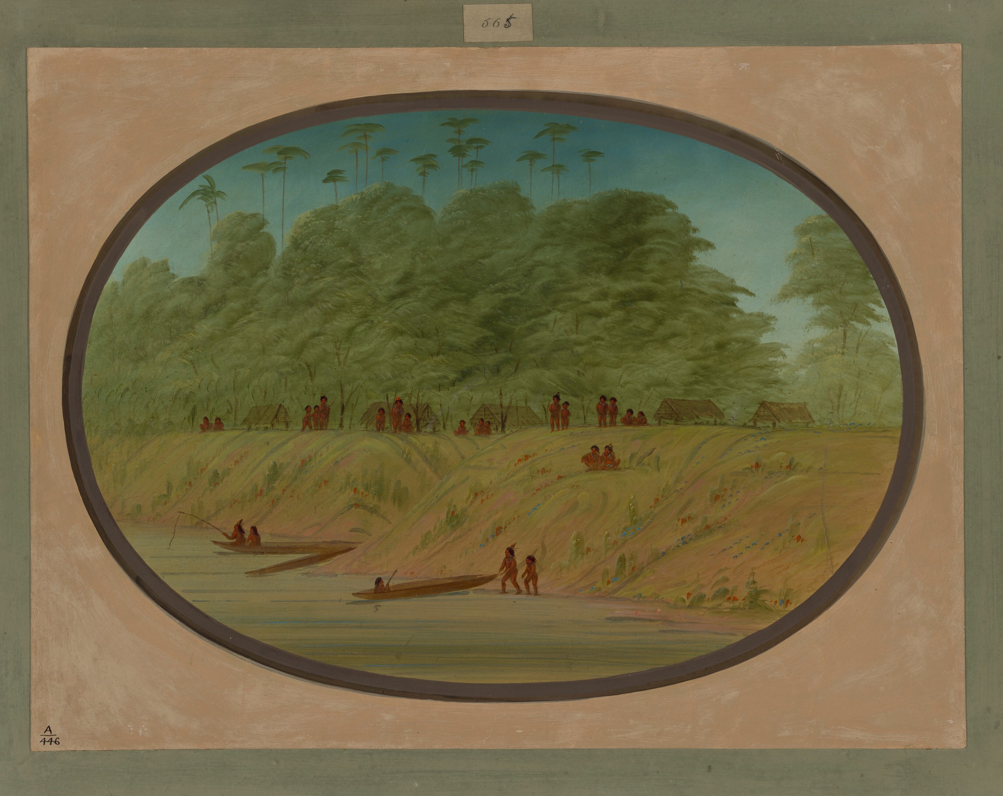 The cameo oval was a fashionable format for travel documentation; it frames the scene as a collector's specimen of a vanishing world, which is precisely how Catlin conceived his project