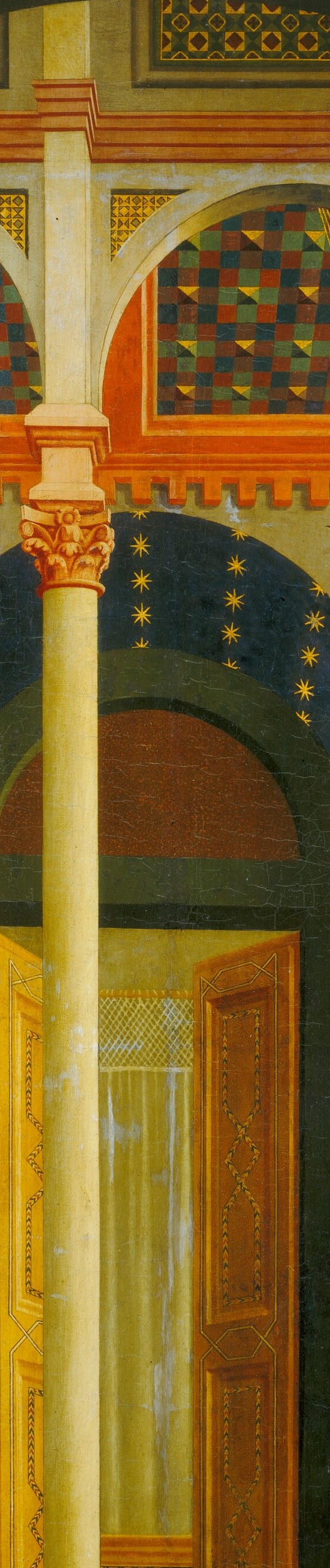 The column is not merely architectural: it is the threshold between the angelic and human realms, physically separating the two figures while the announcement crosses it invisibly.