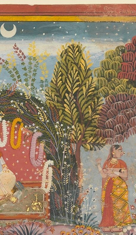 Sahibdin's signature jewel-like foliation built from stacked lobes of opaque pigment , the tree functions as a kuñja (sacred bower) enclosing the divine couple from the profane world