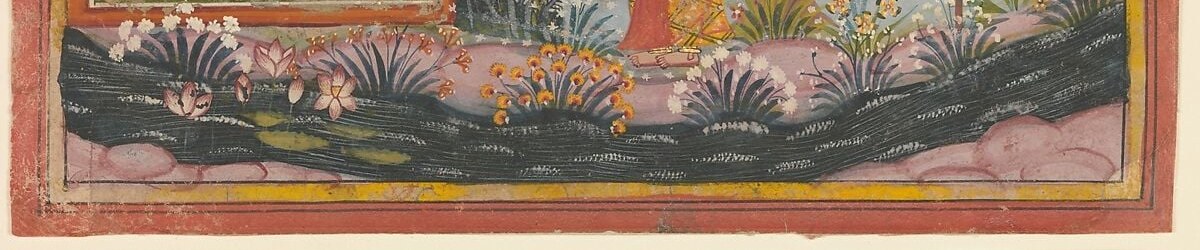 Sahibdin's characteristic foreground register of stylized blooms in blue, pink, and yellow , a visual threshold separating the divine scene above from the earthly viewer below