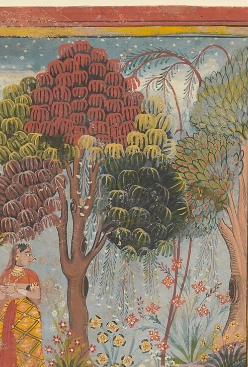 The saturated red canopy creates a chromatic counterpoint to the dark greens; likely an ashoka or kadamba tree, both sacred in Krishna's mythology and a recurring motif in Mewar manuscripts