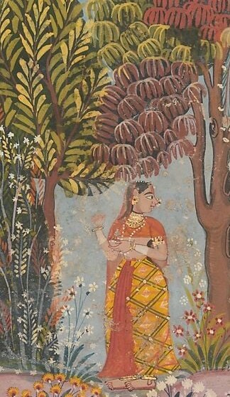 The sakhī is witness, intermediary, and narrative function in one figure , her upright posture and slight turn toward the couple direct the viewer's eye to the sacred union