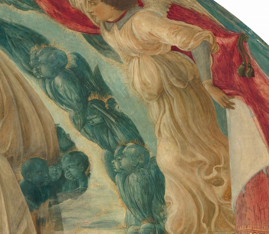 The angels gaze, witnessing her acceptance of divine will.